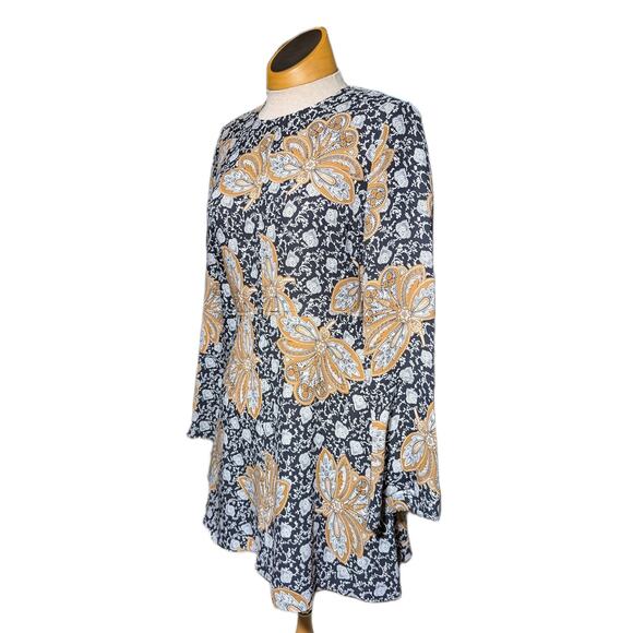 A.L.C. Trixie Black Beige Paisley Floral Bell Sleeve 100% Silk Mini Dress Sz 4 - Picture 1 of 7